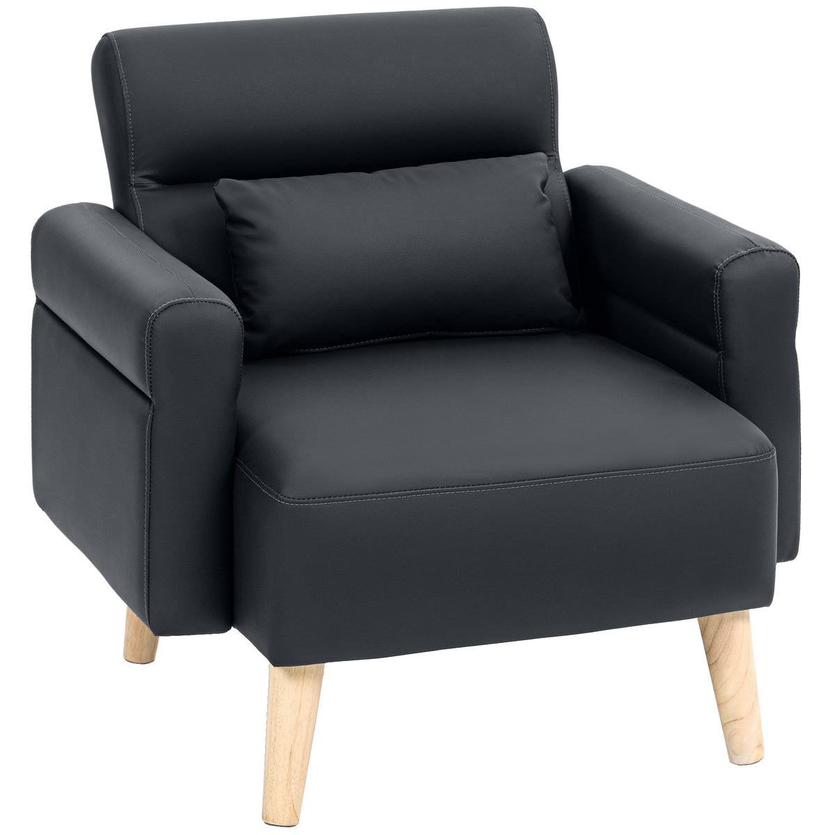 Poltrona Moderna Estofada em Couro Sintético com Apoios de Braço Acolchoados Encosto com Costuras e Pés em Madeira para Dormitório 77x78x78 cm Preto — foto 1