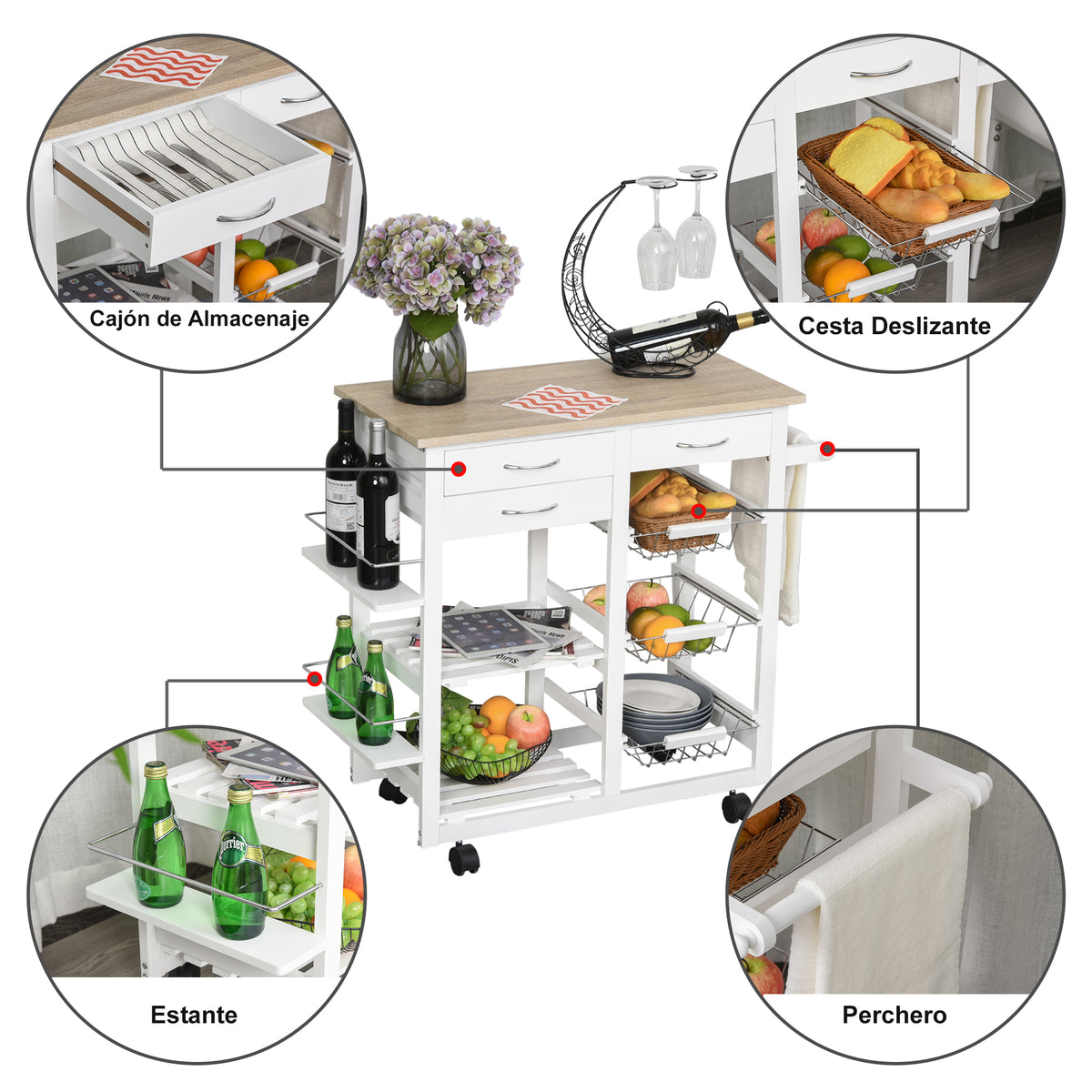 Carrinho de cozinha Carrinho de serviço multifuncional com gavetas Cestas Prateleiras de especiarias Toalheiro Rodas 92x37x82 cm Branco — foto 4