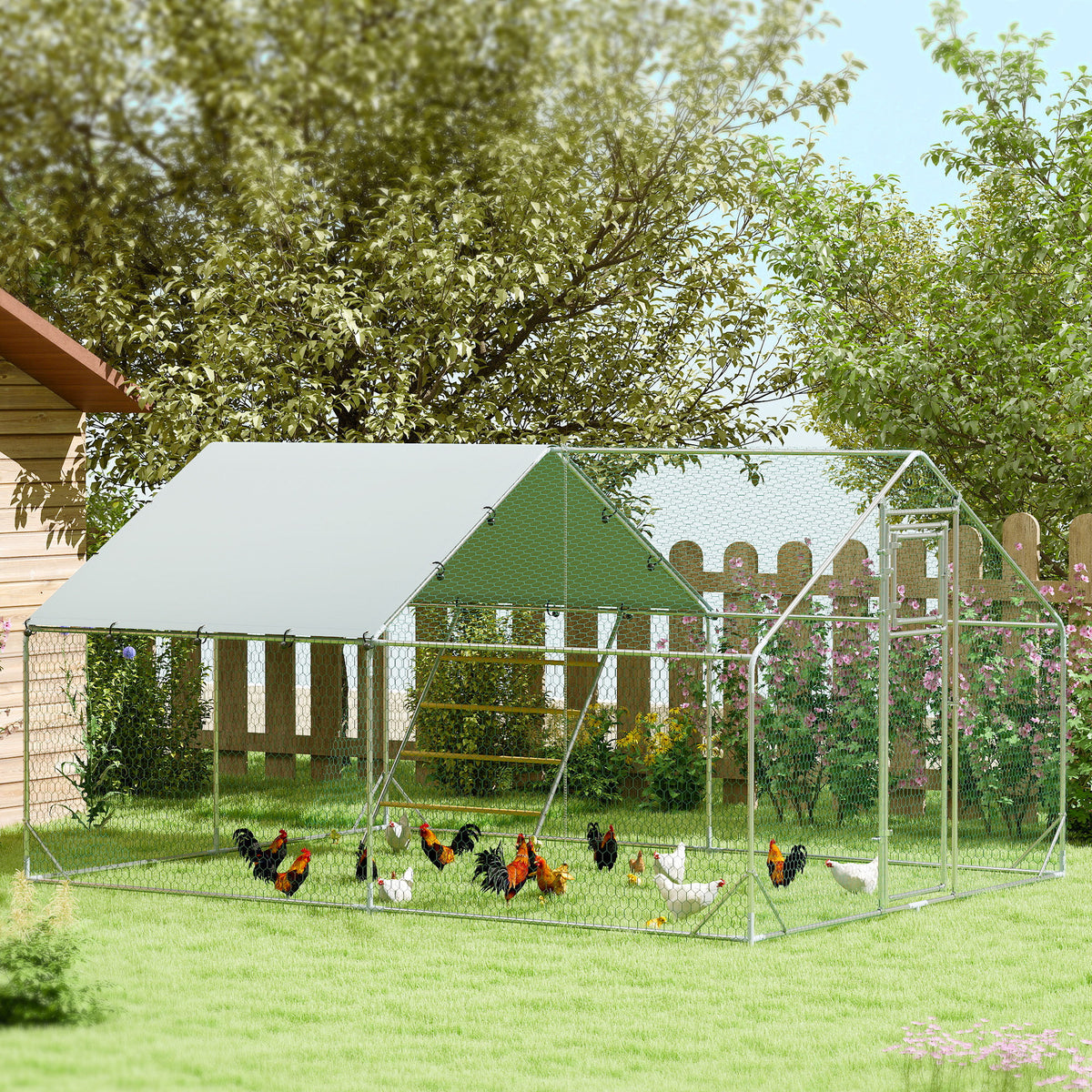 Galinheiro para Exterior 3x4 m Galinheiro de Aço Galvanizado com Comedouro Suspenso Tipo Espeto Poleiro Cobertura Anti-UV e Impermeável para Coelhos Patos Gansos Prata — foto 2