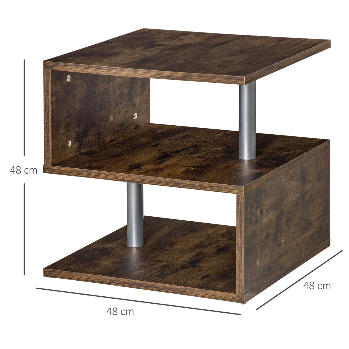 Mesa de apoio para sofá Mesa de centro para sala de estar Mesa de apoio estilo industrial em S com prateleiras em 3 níveis 48x48x48 cm Cor Madeira envelhecida — foto 3