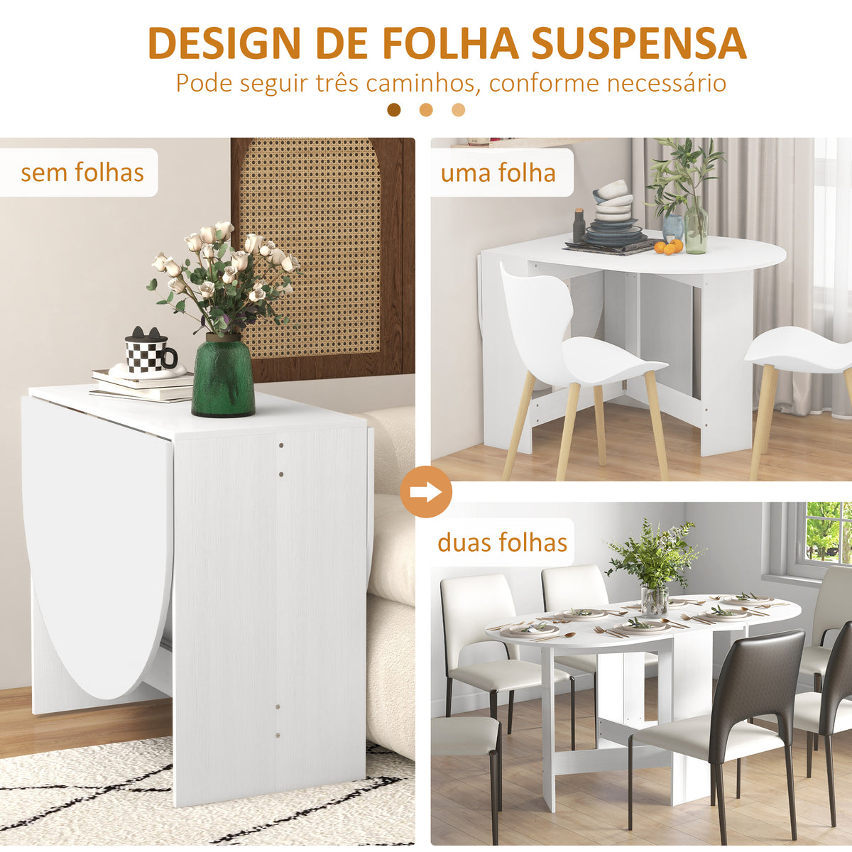 Mesa de Cozinha Dobrável Mesa de Jantar Dobrável Ovalada com Laterais Abatíveis Estilo Moderno 163x80x75 cm Branco — foto 4