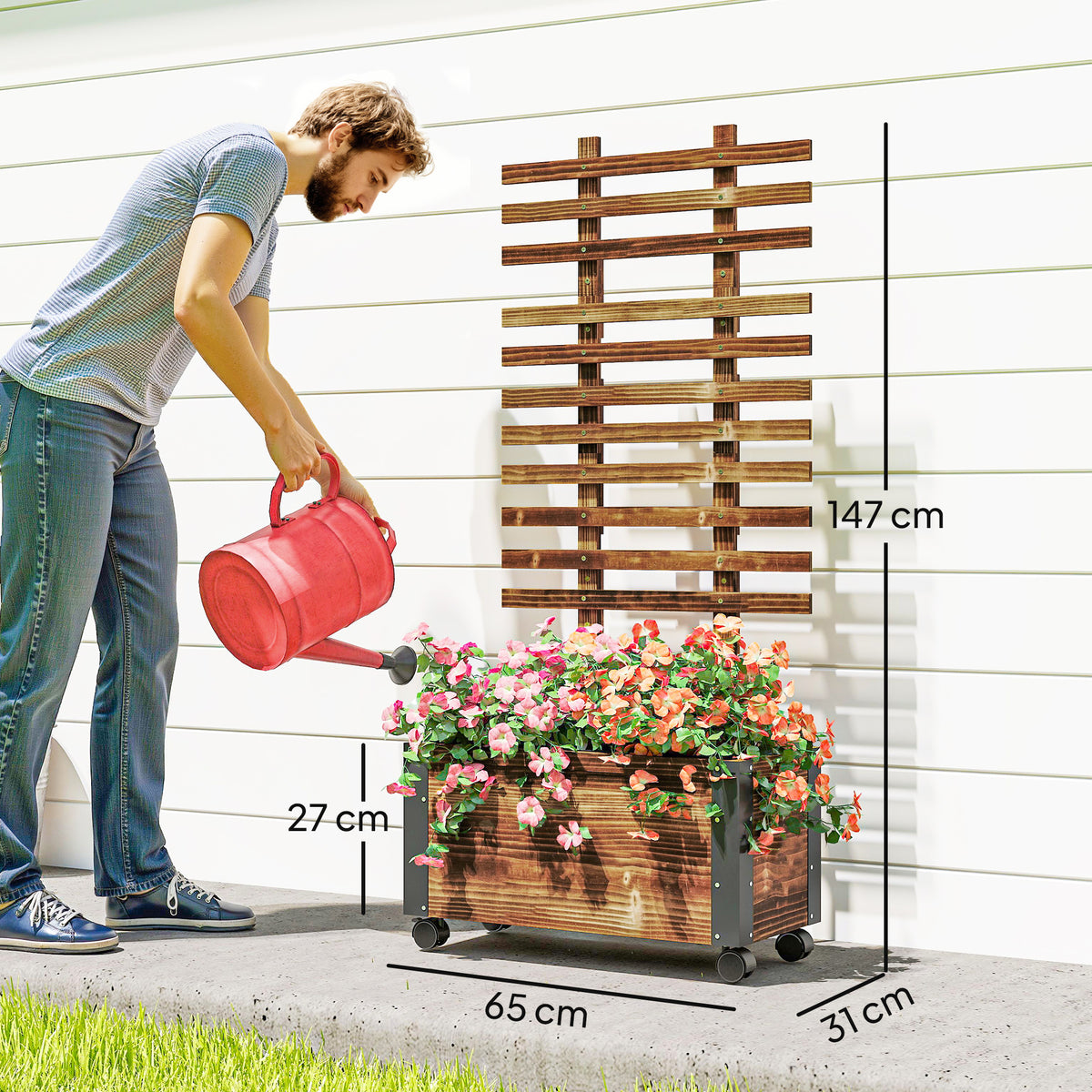 Floreira Exterior de Madeira Floreira com Treliça para Plantas Trepadeiras Tecido não Tecido Rodas e Cantos Metálicos de Dupla Camada para Pátio Varanda 65x31x147 cm Madeira — foto 3