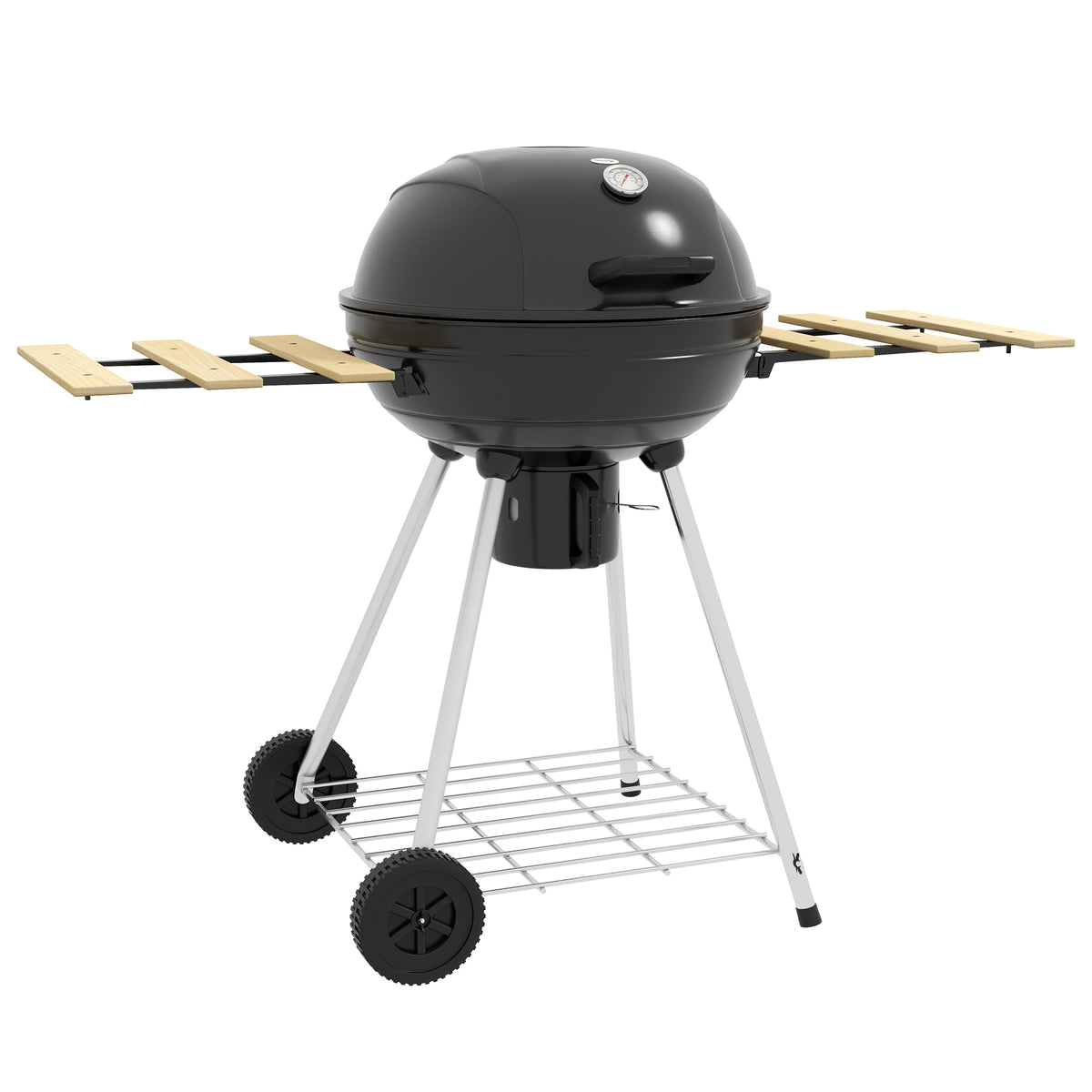 Barbecue a Carvão Barbecue Portátil com 2 Rodas Prateleiras Dobráveis Termómetro e Grelha Metálica para Piquenique Campismo 117x68x91 cm Preto — foto 1