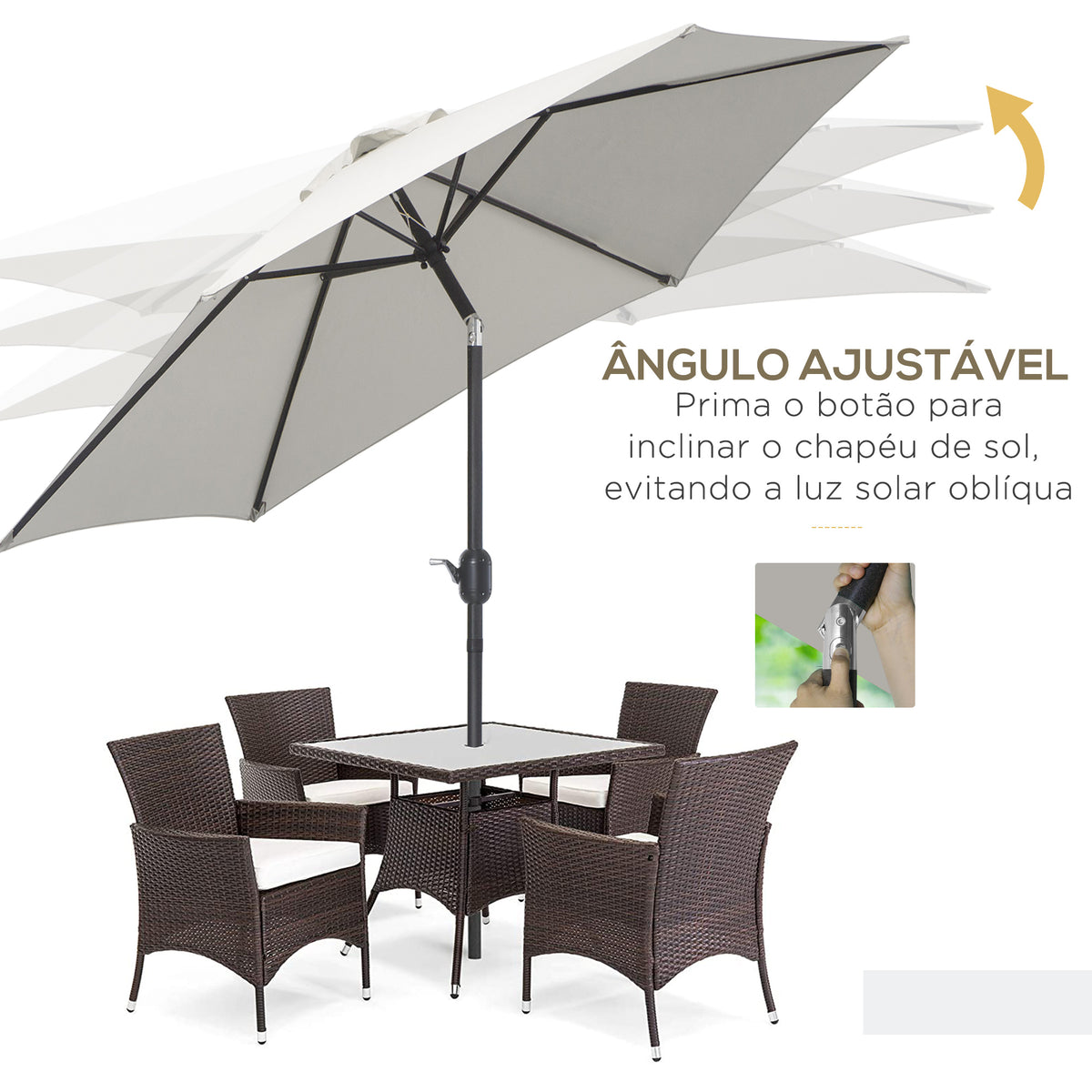 Chapéu de Sol de Jardim Ø270x235cm Chapéu de Sol de Alumínio Reclinável com Manivela e 6 Hastes para Terraço Exterior Balcão Creme — foto 5