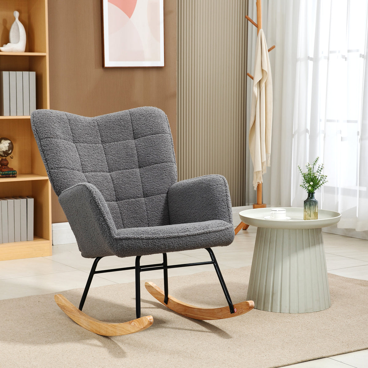 Poltrona Baloiço Poltrona de Sala de Estar Oscilação de 40° com Pés de Madeira de Faia e Estrutura de Aço para Dormitório Carga Máxima 120 kg 71x98x101 cm Cinzento Escuro — foto 2
