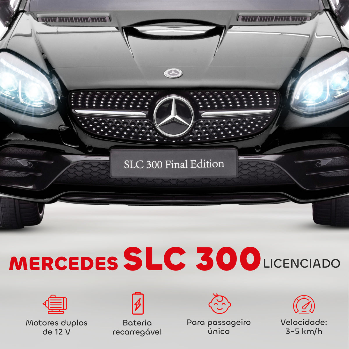 Carro Elétrico Mercedes SLC 300 12V para Crianças de 3-6 Anos com Controlo Remoto Faróis LED Buzina Música TF USB e Abertura da Porta 3-5km/h 107x62,5x44 cm Preto — foto 4