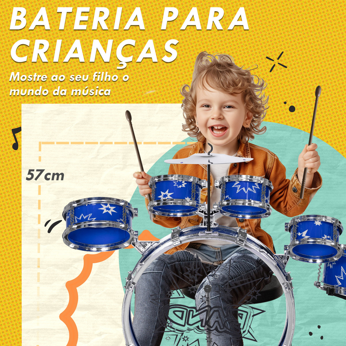 Bateria Infantil com Banco Bateria para Crianças acima de 3 Anos com Tambores Pedal e Baqueta Desenho com Tema de Estrelas 65x22x57 cm Azul — foto 4