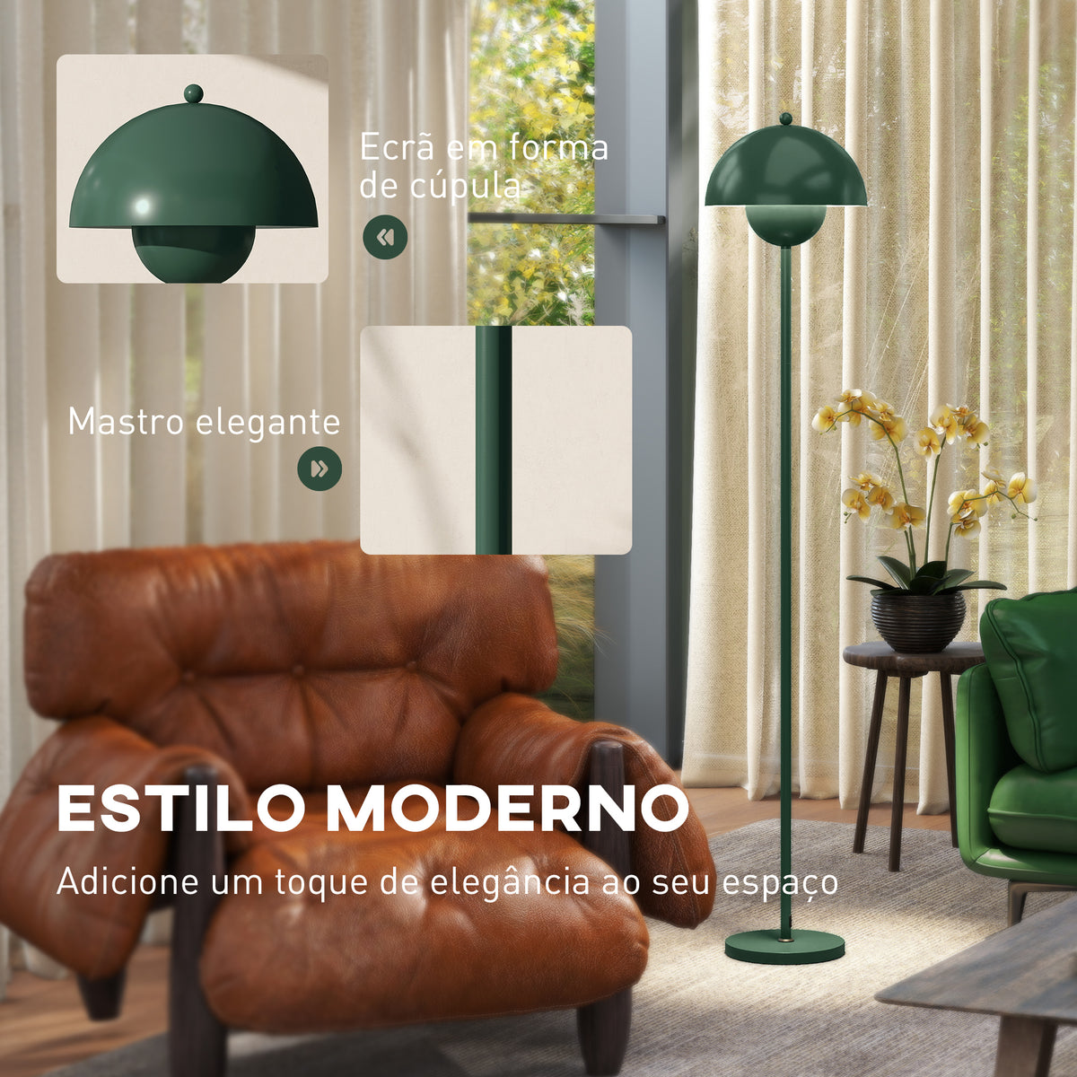 Candeeiro de Pé Moderno 155 cm Candeeiro de Pé para Sala com Ecrã em Forma de Taça Refletora de Luz Interruptor de Pé Suporte E27 sem Lâmpada para Quarto Escritório Sala de Estar Ø35x155 cm Verde — foto 4