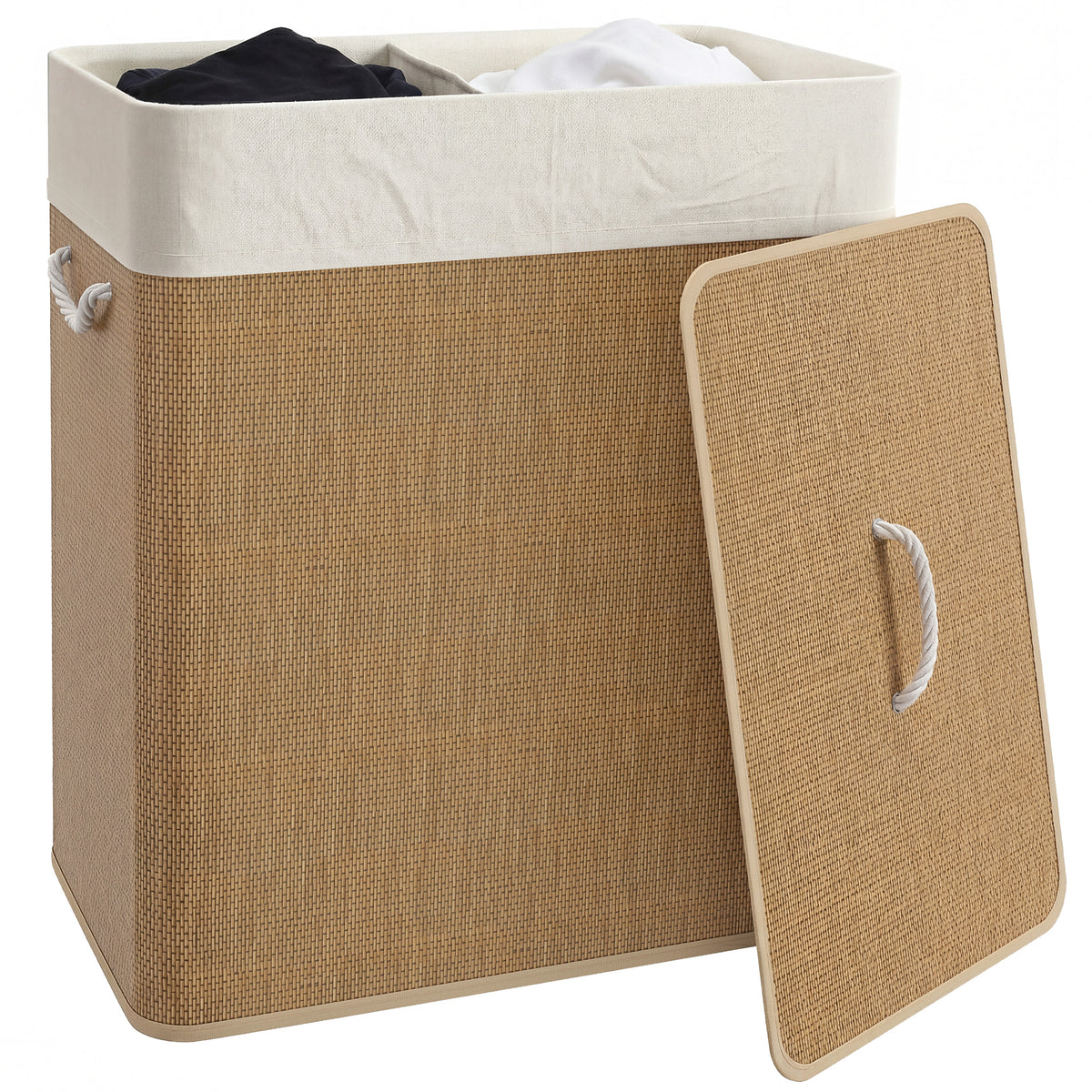 Cesto de Roupa com Tampa 100L Cesto para Roupa Suja de Bambu com 2 Compartimentos Bolsa Interior Amóvivel para Lavandaria Casa de Banho 52x32x63 cm Madeira e Creme — foto 1