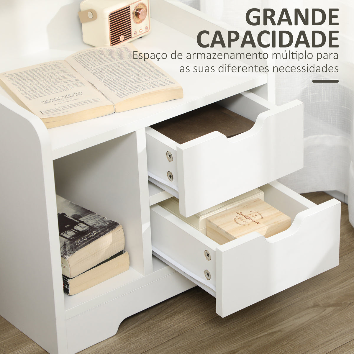 Mesa de Cabeceira Moderna Mesa de Cabeceira com 2 Gavetas e 3 Compartimentos de Armazenamento para Sala de Estar Quarto Carga 30 kg 40x30x60 cm Branco — foto 5