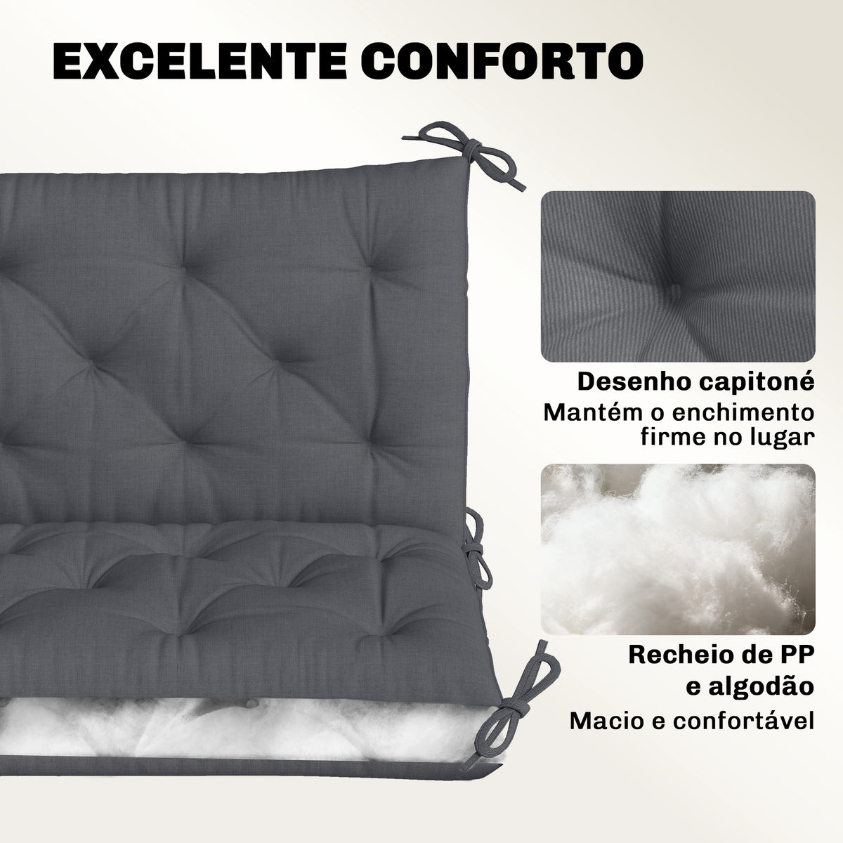 Almofada para Banco de Jardim com Encosto, 100x98x8 cm, Almofada de Banco de 2 Lugares para Interior e Exterior com Enchimento Espesso e Tiras de Fixação, para Baloiço, Terraço, Varanda Cinzento Escuro — foto 5