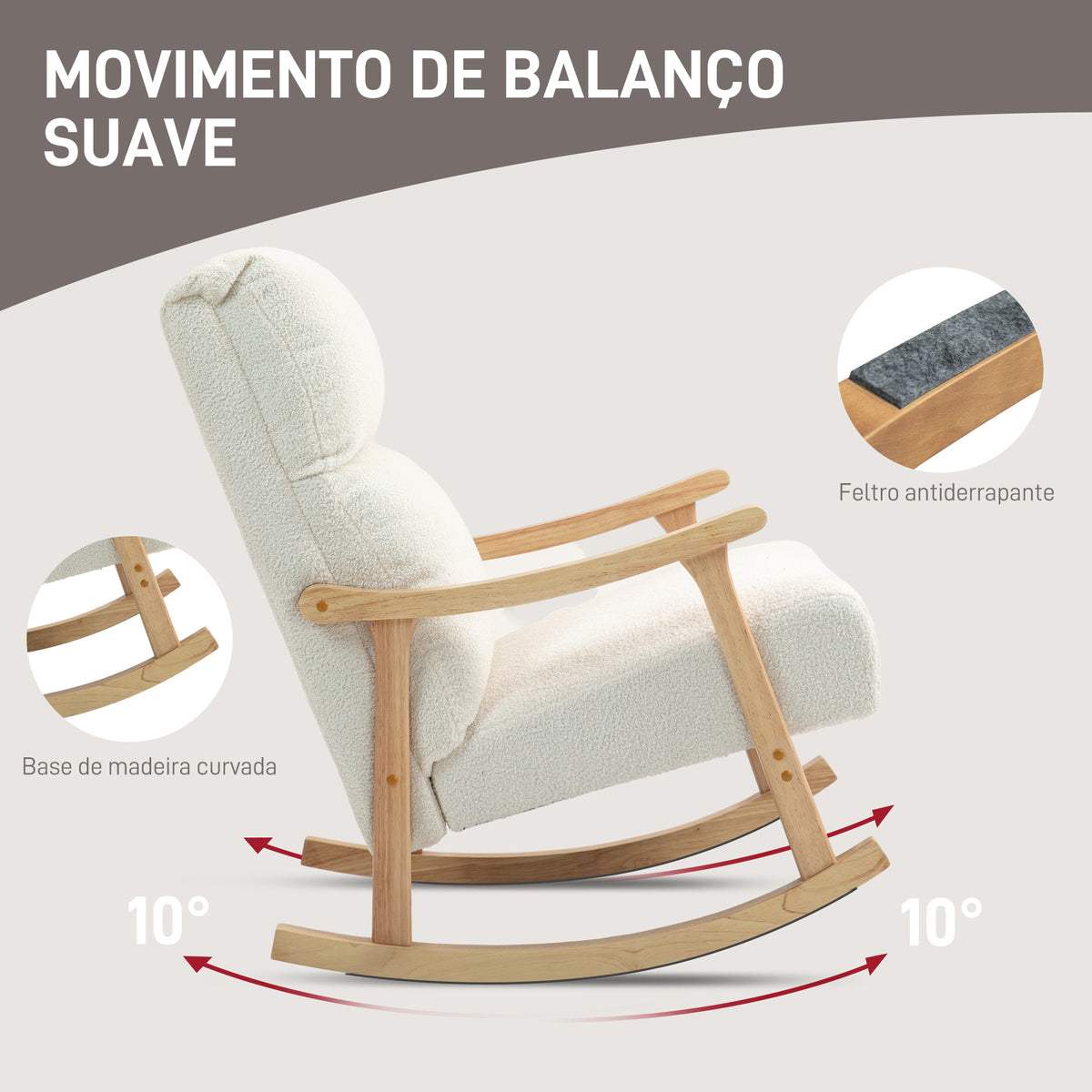 Poltrona Baloiço Moderna Poltrona Baloiço com Pés e Apoio para os Braços de Madeira de Faia Encosto Alto Poltrona de Amamentação Carga 120 kg para Dormitório Sala de Estar 65x90x98 cm Creme — foto 4
