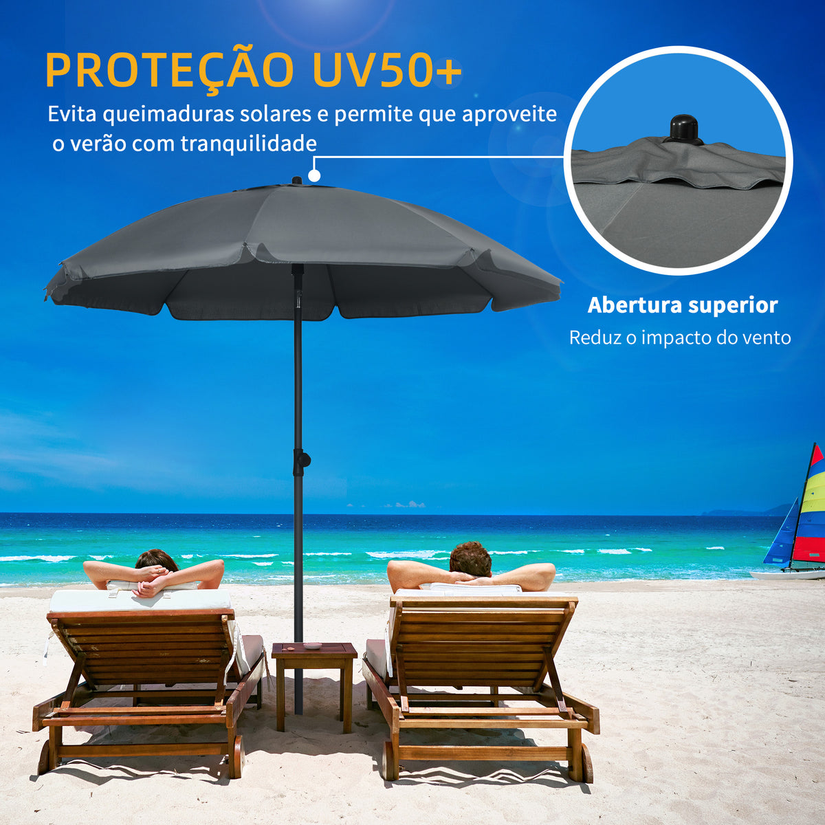 Chapéu de Sol de Praia Grande Ø180 cm Chapéu de Sol de Exterior com Ângulo Ajustável Proteção UV50+ Inpermeável Mastro de Ø32 mm Cinza — foto 4