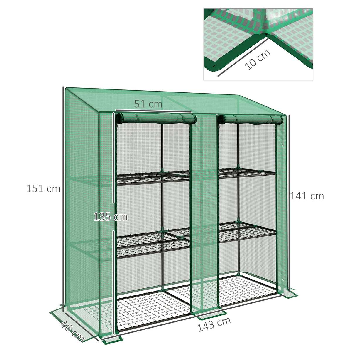 Estufa de Jardim de 3 Níveis Estufa de Terraço com Prateleiras Teto Inclinado e 2 Portas com Fecho de Correr para Cultivo de Plantas em Pátio 143x46x141/151 cm Verde — foto 3