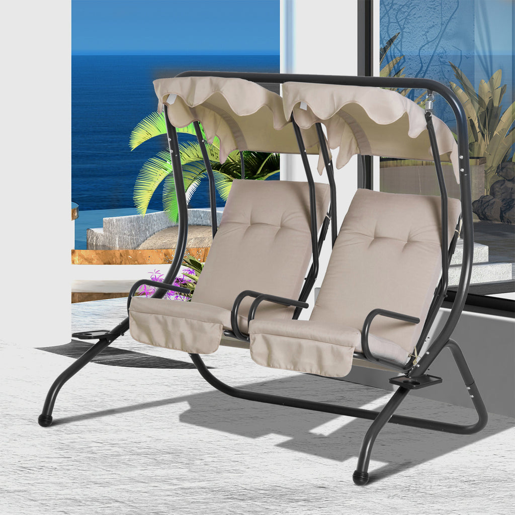 Baloiço de Jardim com 2 Lugares Individuais com Teto e Suporte para Bebida para Terraço Balcão Exterior 170x136x170 cm Bege — foto 4