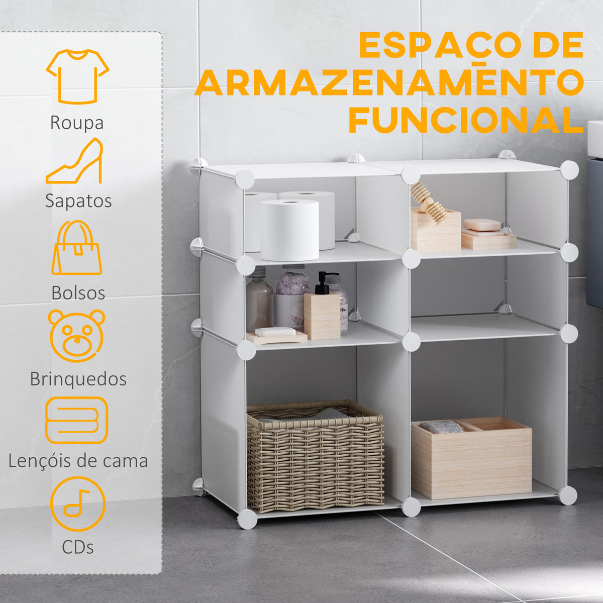 Armário Modular de Plástico Armário Modular com 6 Cubos Organizador de Roupas Sapatos Brinquedos 75x37x73cm Branco — foto 5