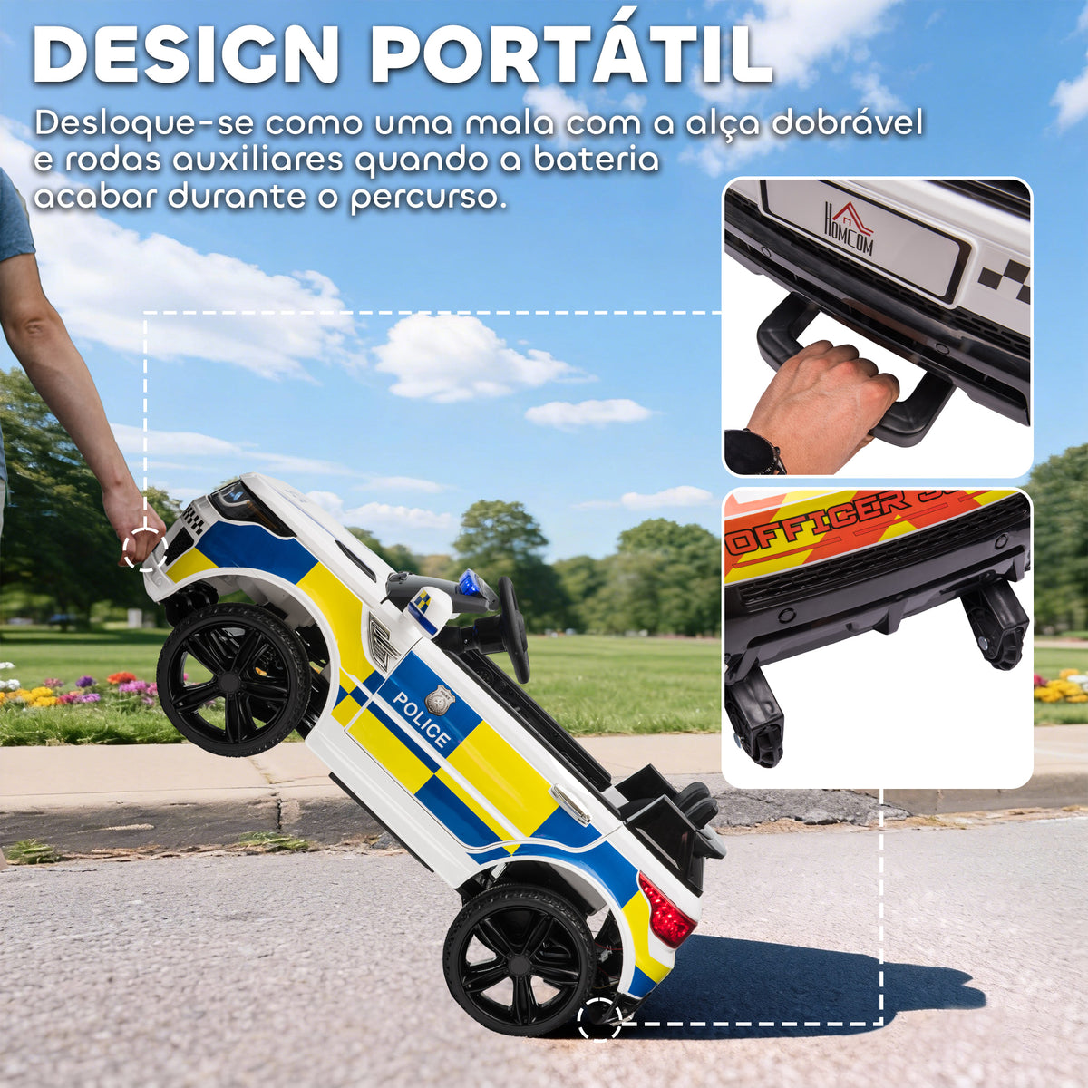 Carro Elétrico para Crianças acima de 3 Anos Carro Elétrico Infantil de Policia Carro a Bateria 12V com Controlo Remoto Bluetooth USB Luz Sirene 110x68x52 cm Branco — foto 5