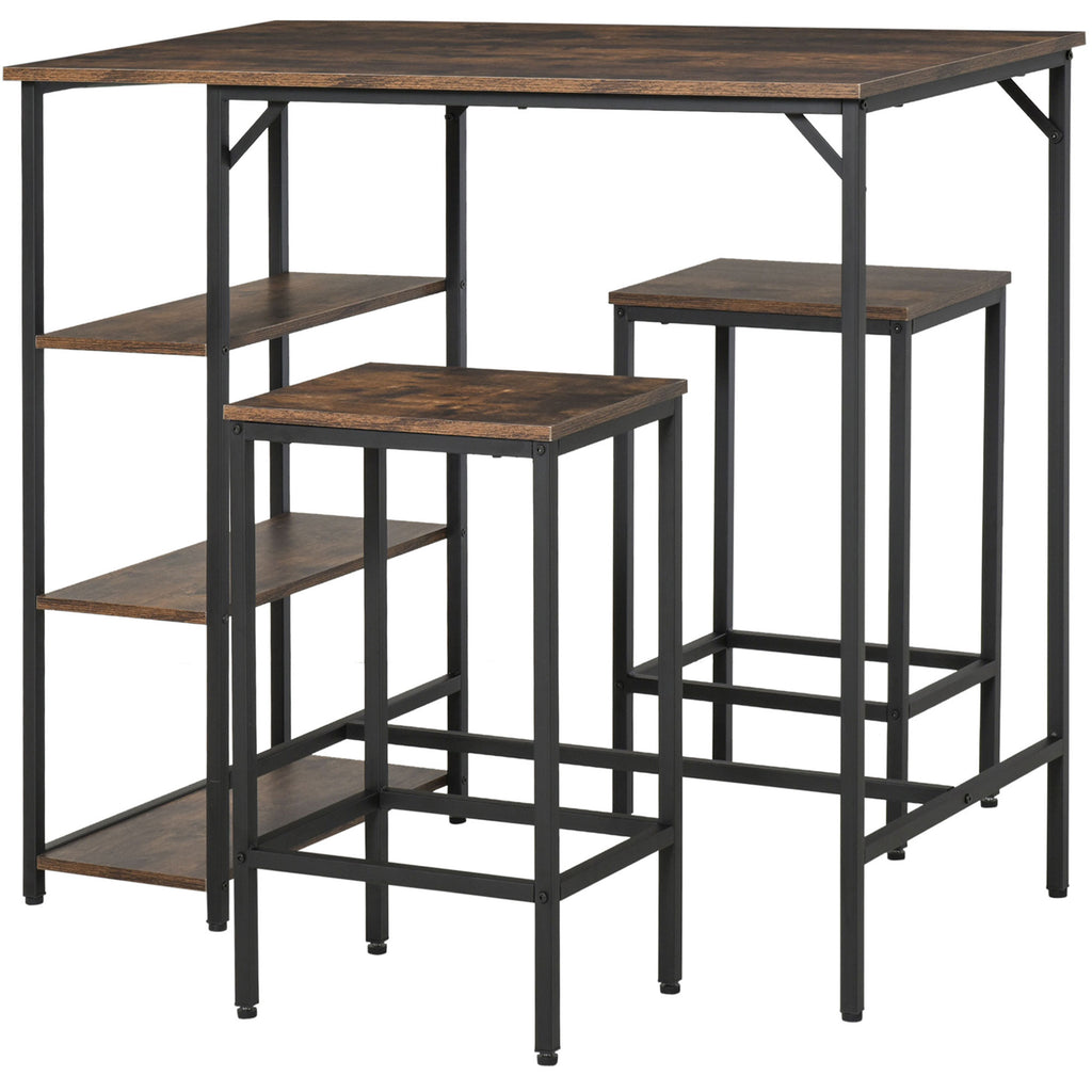 Conjunto de mesa de bar e 2 bancos com apoio para os pés e prateleiras de 3 níveis Almofadas ajustáveis ​​para cozinha 109x60x100 cm marrom rústico — foto 1