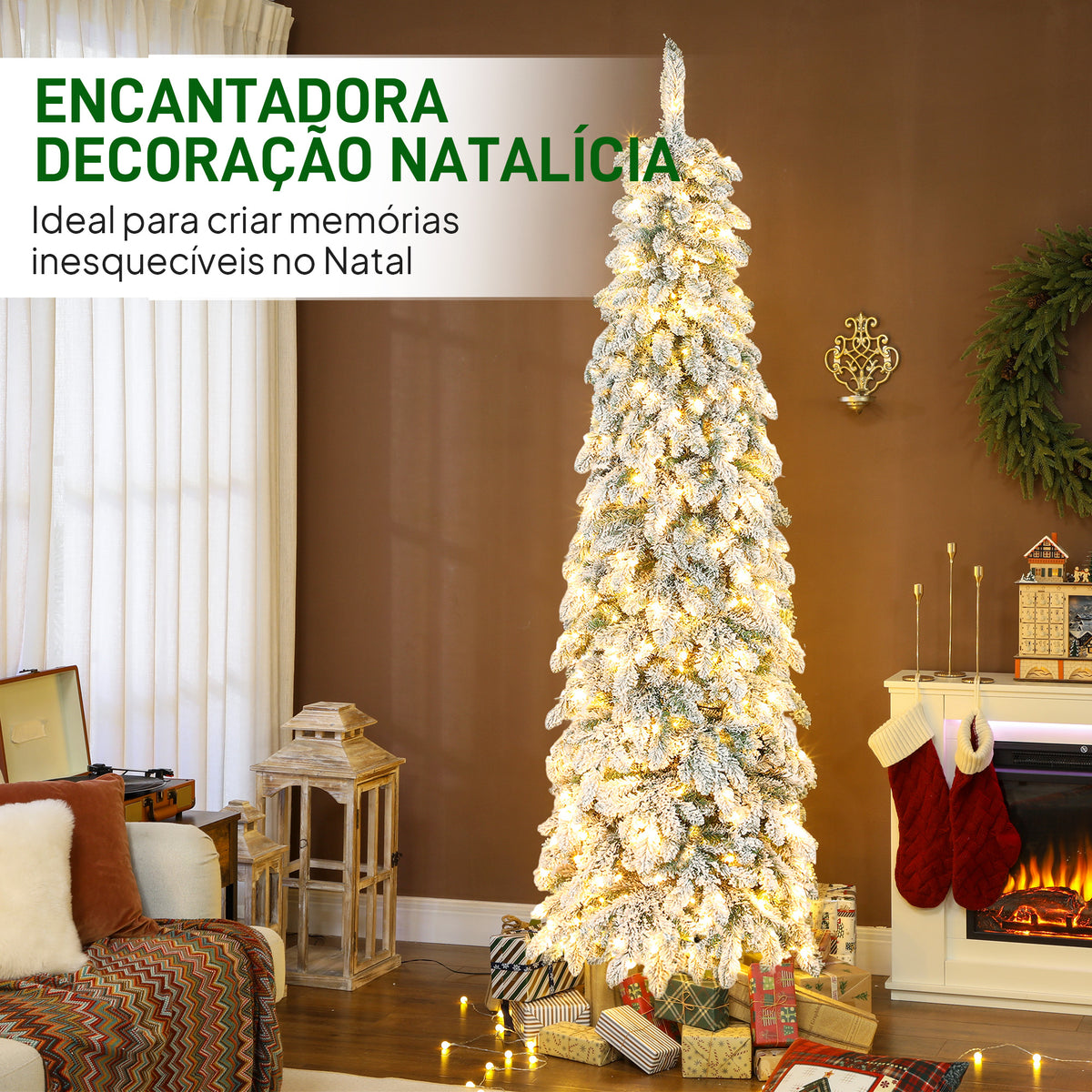 Árvore de Natal Estreita 225 cm Árvore de Natal Nevada com Luzes LED Bicolores Temporizador 11 Modos de Iluminação 800 Ramos Suporte em Aço Montagem Fácil Verde — foto 4