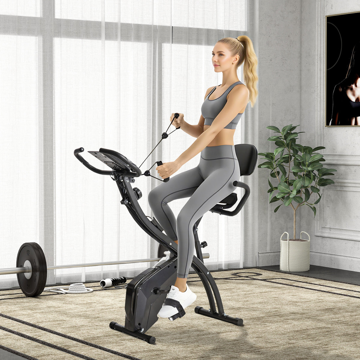 Bicicleta ergométrica dobrável ajustável em altura e resistência com tela LCD e assento com encosto 51x97x115 cm Preto — foto 2