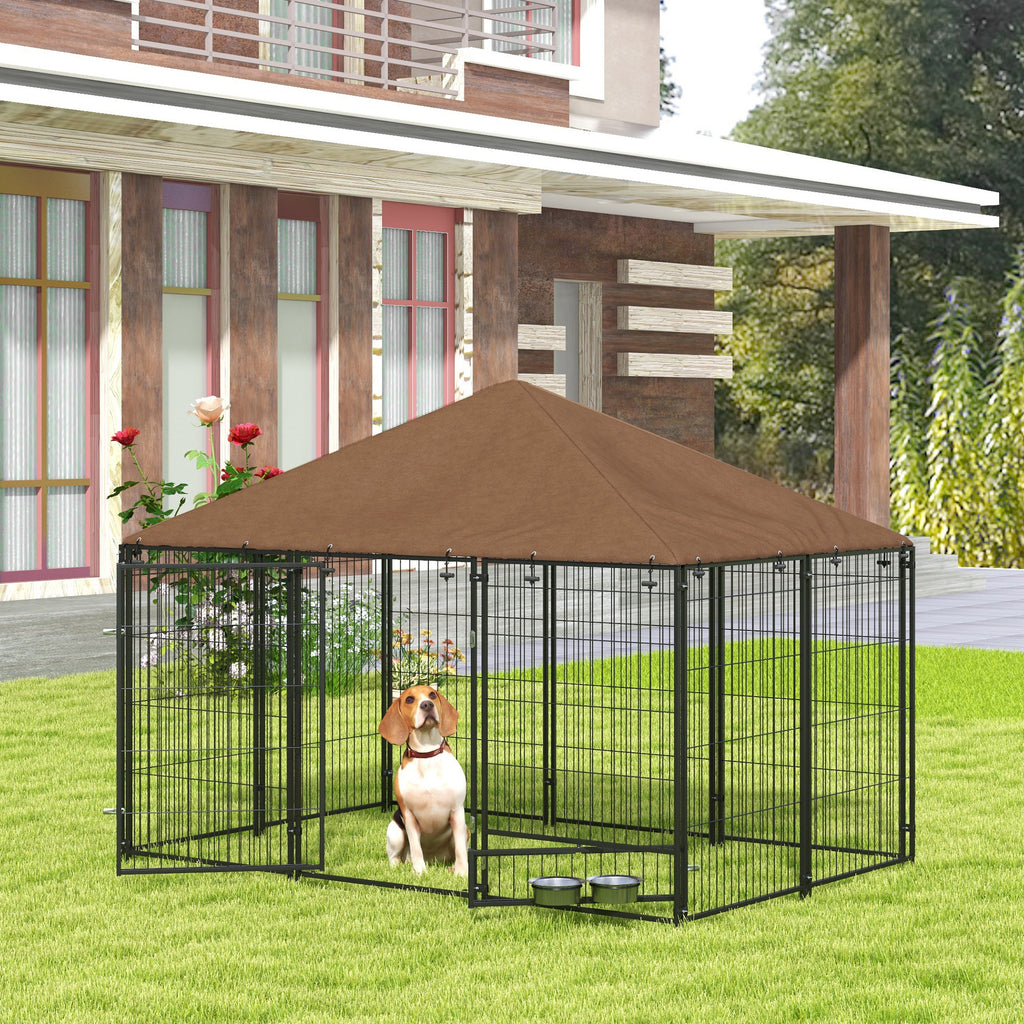 Parque para Cães com Toldo Canil para Exterior com Suporte Giratório para Comida 2 Tigelas Incluídas 211x141x151 cm Preto e Marrom — foto 2