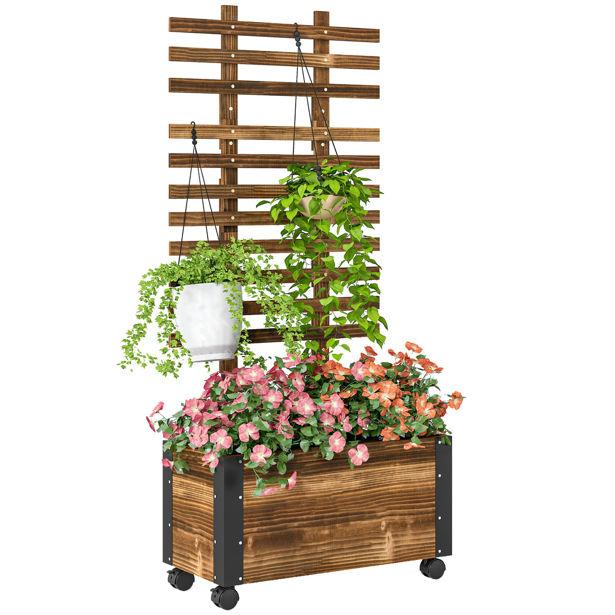 Floreira Exterior de Madeira Floreira com Treliça para Plantas Trepadeiras Tecido não Tecido Rodas e Cantos Metálicos de Dupla Camada para Pátio Varanda 65x31x147 cm Madeira — foto 1
