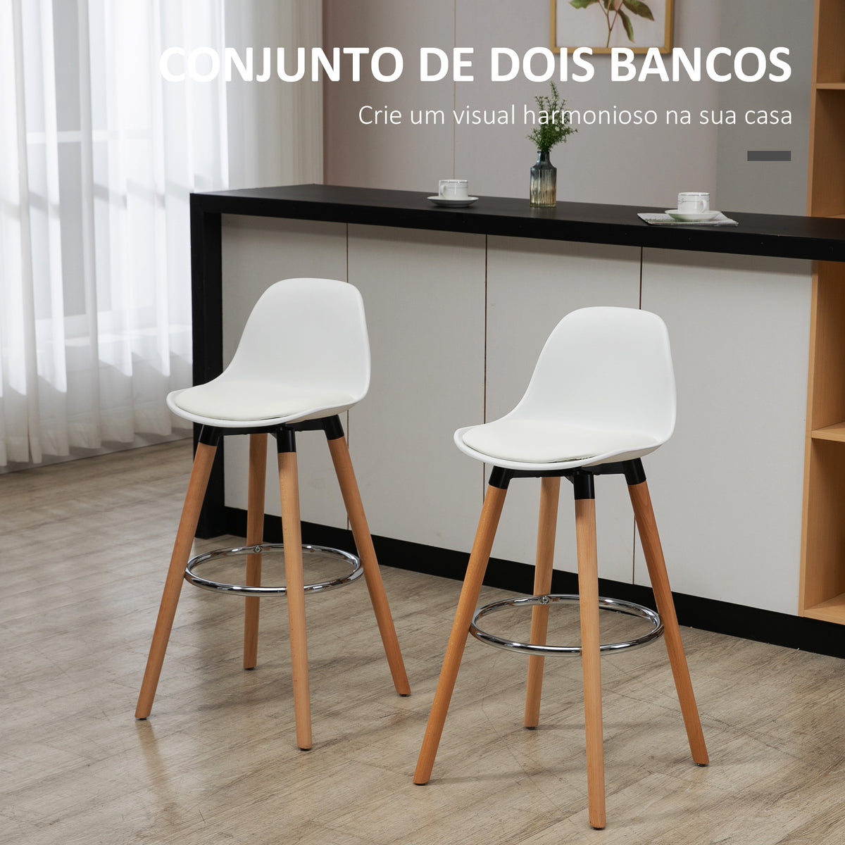 Conjunto de 2 Bancos de Bar Estofado em PU Bancos Altos de Cozinha com Assento de 69 cm e Pés de Madeira para Cozinha Sala de Jantar 38,5x42,5x91cm Branco — foto 4