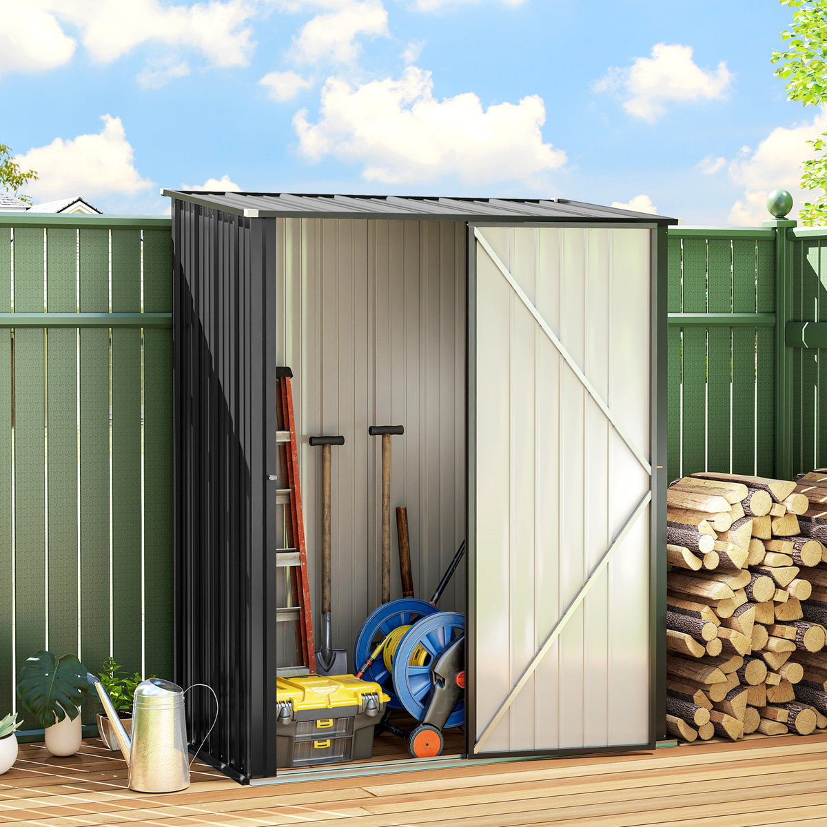 Abrigo de Jardim 1,34m² 161,5x94,5x196 cm Abrigo de Exterior de Aço Galvanizado com Porta e Fechadura para Armazenamento de Ferramentas Preto — foto 2