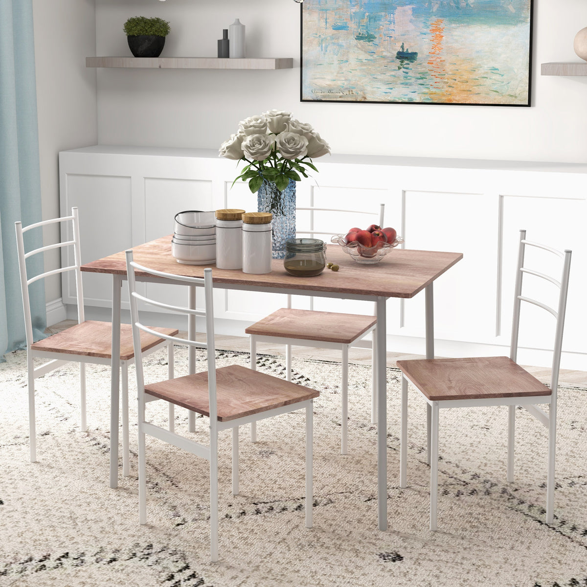 Conjunto de Refeição 5 Peças Conjunto de Mesa e 4 Cadeiras para 4 Pessoas com Estrutura de Aço para Cozinha Restaurante 110x70x75 cm Madeira e Branco — foto 2