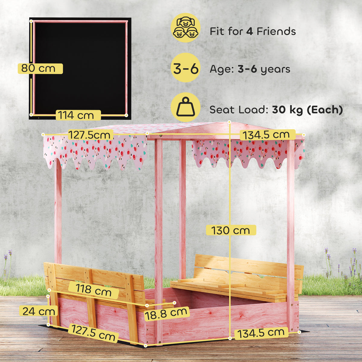Caixa de Areia para Crianças 3-6 Anos com Toldo de Flamingos Assentos Dobráveis Tampa e Forro Incluídos Caixa de Areia Infantil em Abeto 134,5x127,5x130 cm Rosa — foto 2
