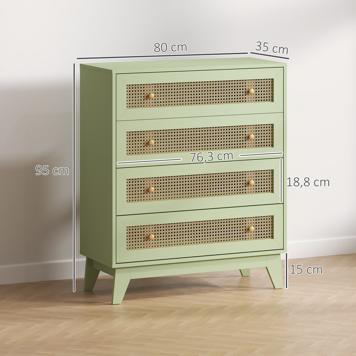Cómoda 4 Gavetas Móvel de Arrumação em Rattan Aspeto Madeira Clara 80x35x95 cm Verde — foto 2