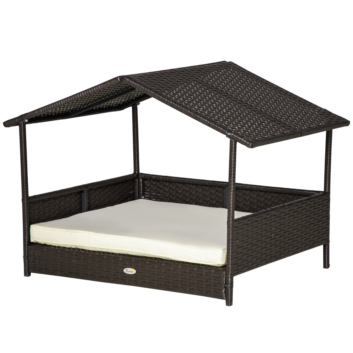 Rattan Cama para Cães para Exterior com Teto, Cama Elevada para Cães 69 x 98 x 70 cm Cama Refrescante para Animais de Estimação com Estrutura Metálica, Almofadas Removíveis para Cães Pequenos e Médios, Café-Marrom — foto 1