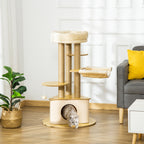 Árvore Arranhadora para Gatos Ø60x99 cm com Caverna Triangular de Feltro Removível Rede Cama Lavável Postes Arranhador de Juta e Bola Suspensa Bege e Natural — foto 2