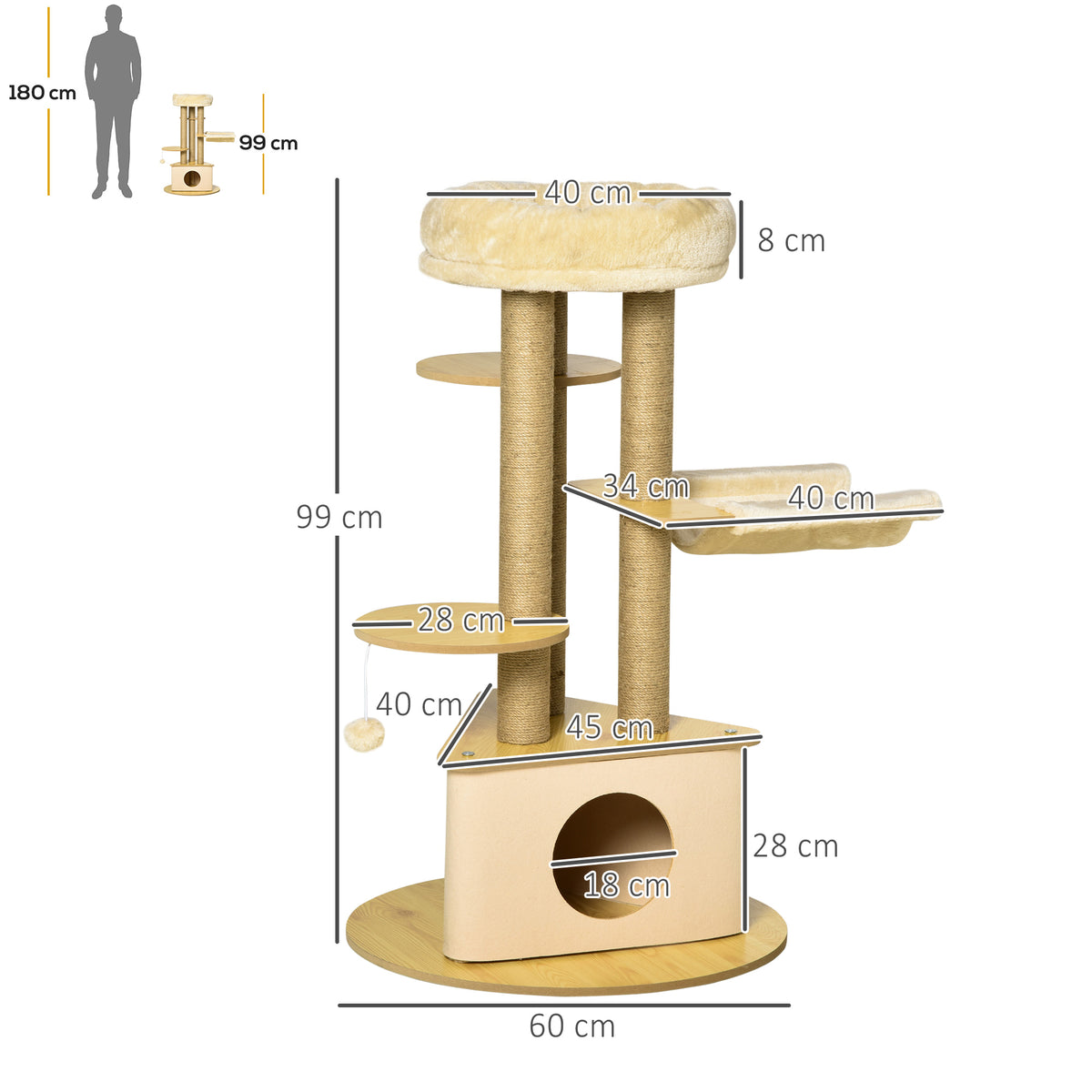 Árvore Arranhadora para Gatos Ø60x99 cm com Caverna Triangular de Feltro Removível Rede Cama Lavável Postes Arranhador de Juta e Bola Suspensa Bege e Natural — foto 3