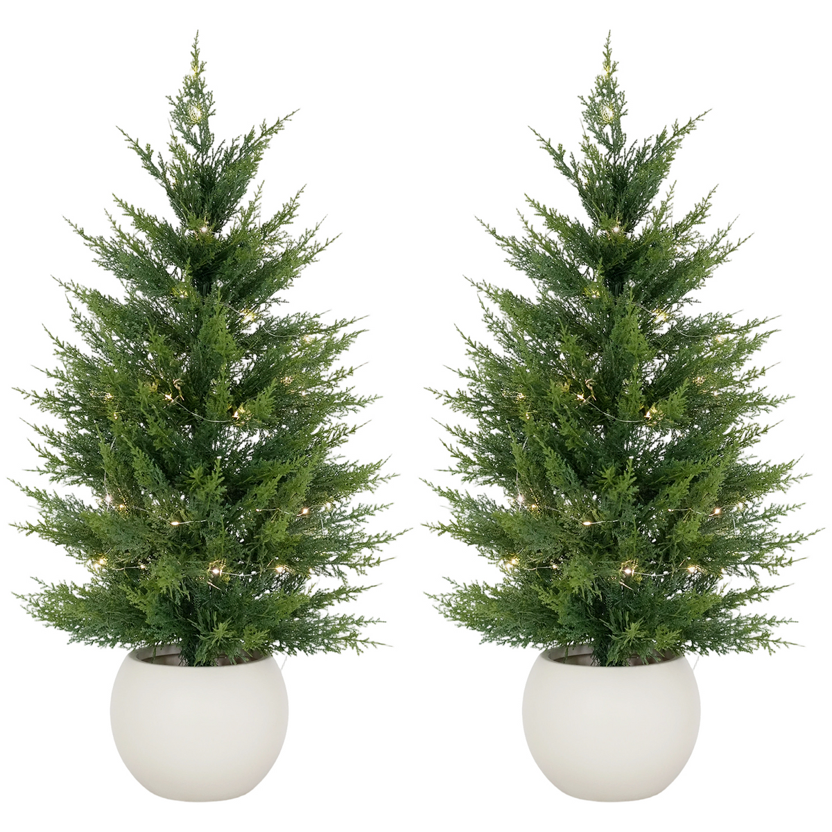 Árvore de cipreste artificial perene com LED integrado, 2 peças, vaso redondo branco, folhagem realista em PE, fácil de montar, 91,4 cm — foto 1