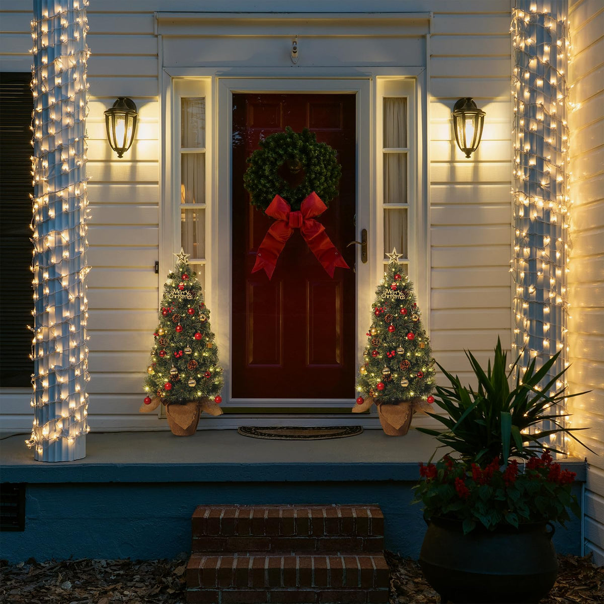 Árvore de Natal artificial 90cm PE com 78 LEDs (8 modos) e base de juta, para casa e escritório, verde e vermelho - 90 cm — foto 2