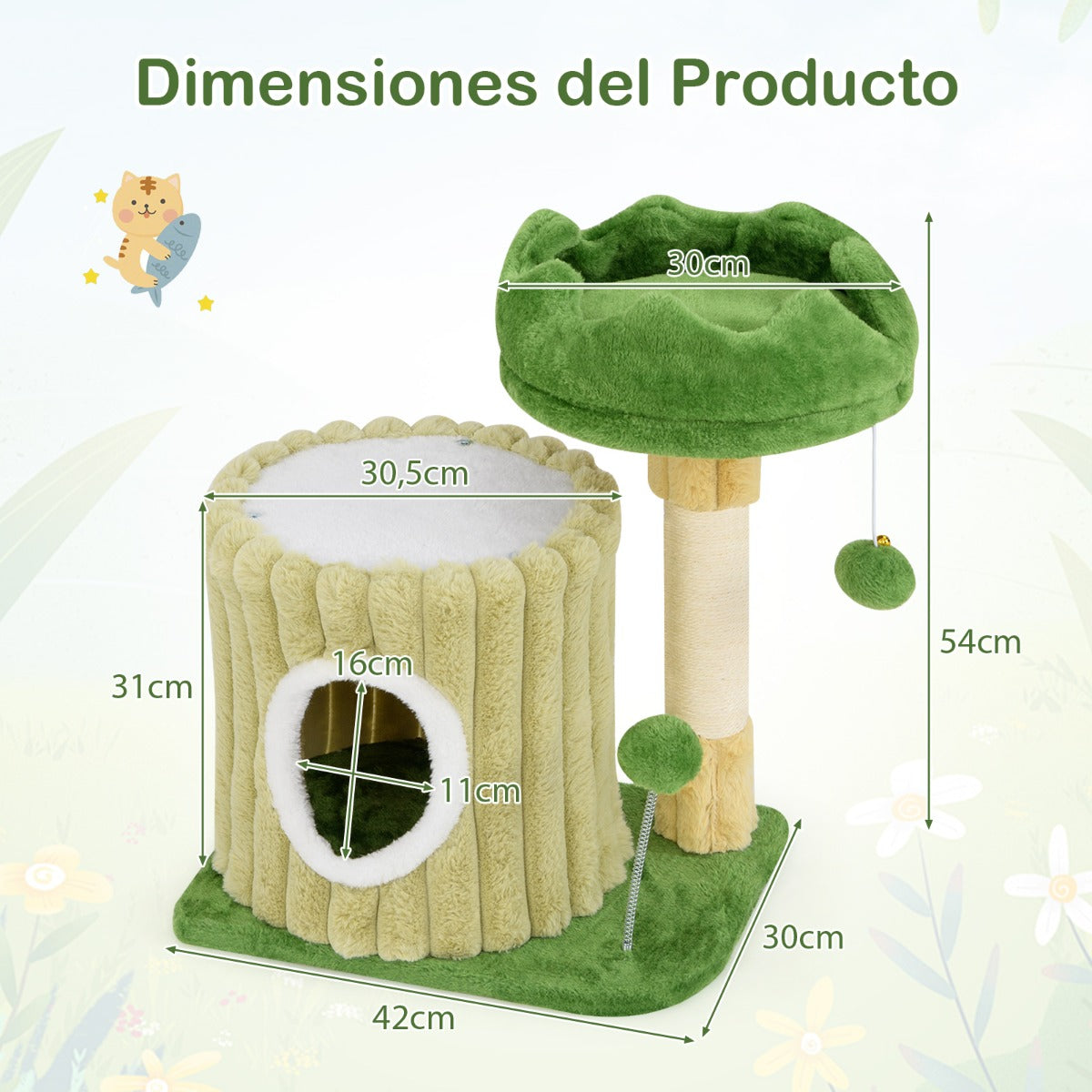 Árvore para Gatos Compacta com Poste para Arranhar e Brinquedos para Gatos Pequenos Verde — foto 3