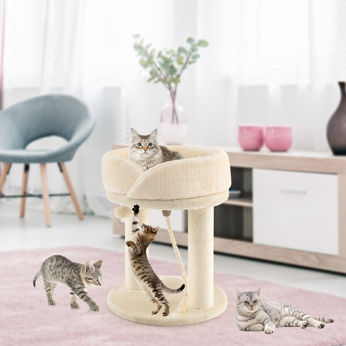Árvore Riscadora para Gatos com Plataforma Acolchoada e Brinquedos Integrados – Bege — foto 1