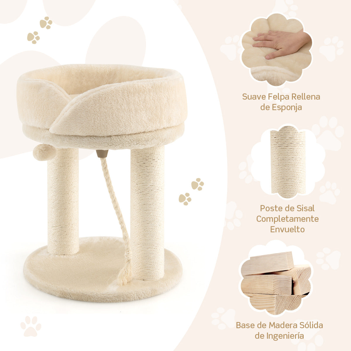 Árvore Riscadora para Gatos com Plataforma Acolchoada e Brinquedos Integrados – Bege — foto 6