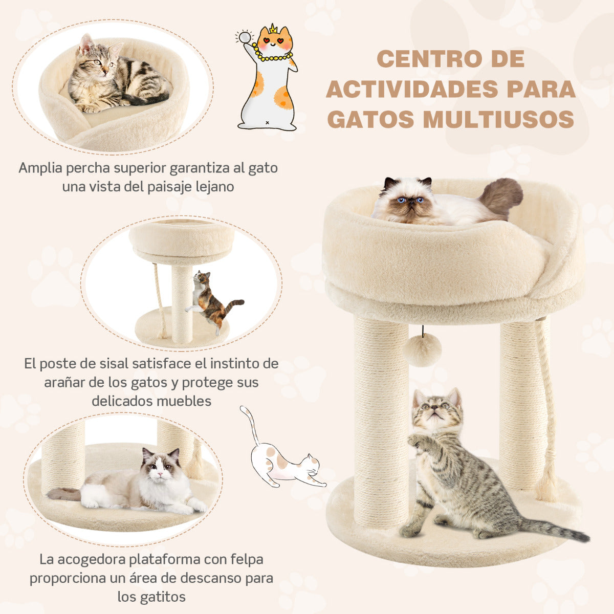 Árvore Riscadora para Gatos com Plataforma Acolchoada e Brinquedos Integrados – Bege — foto 8