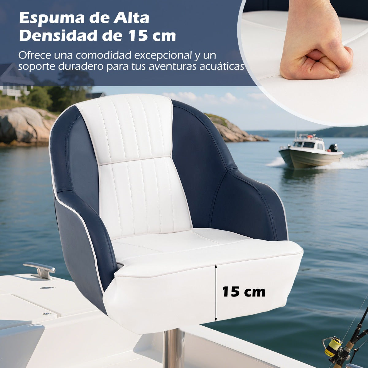 Assento Náutico com Almofada Acolchoada e Braços Curvos - Capacidade 150kg - 59x55x51cm - Azul e Branco — foto 7