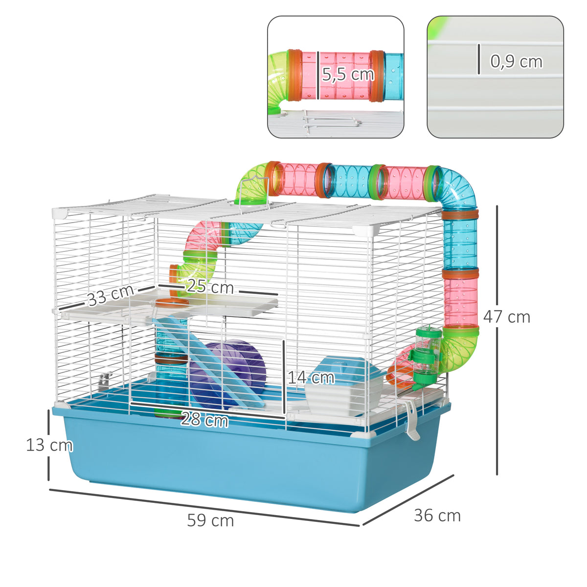 Gaiola para hamster rato roedor 3 níveis com túnel, bebedouro, roda, casinha, escadas dim. 59L x 36l x 47H cm — foto 2