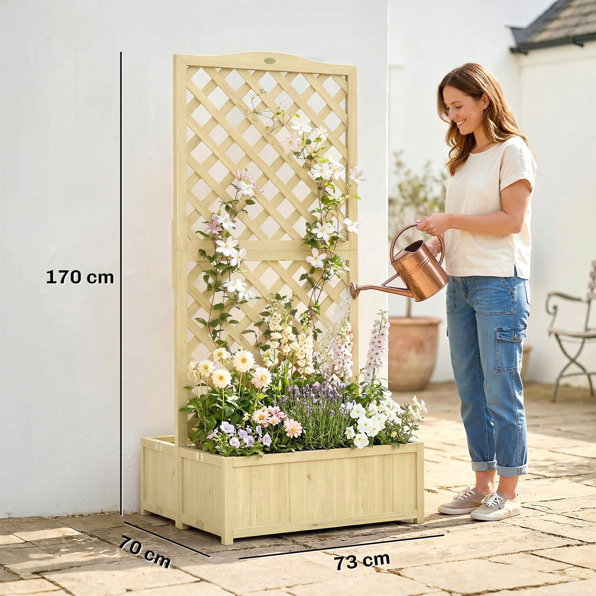 Jardineira com Treliça Horta Elevada de Madeira Dobrável Duplo Vaso de Flores para Plantas Trepadeiras 73x70x170 cm Natural — foto 2