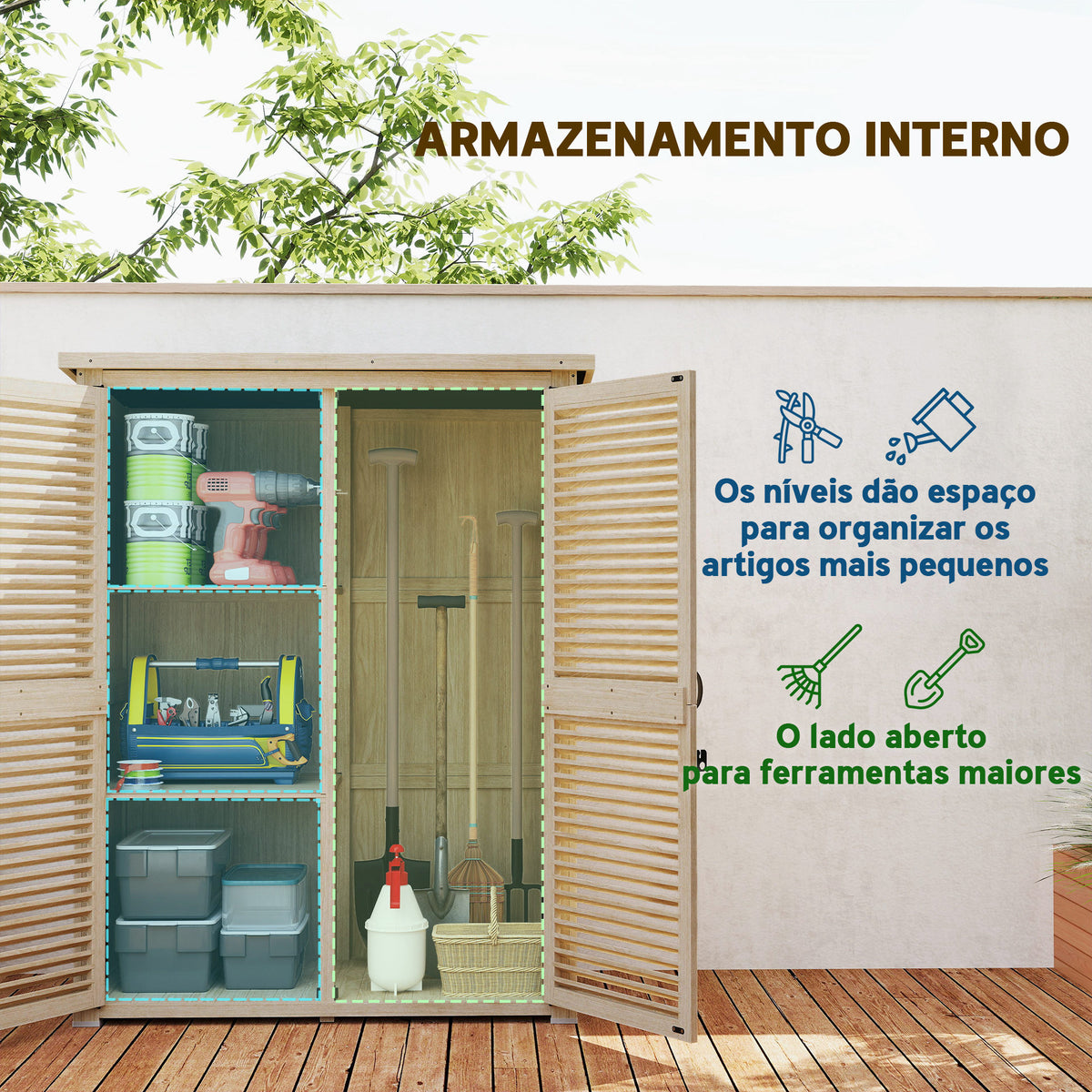 Armário de Jardim de Madeira 0,83 m² 127x65x168 cm Armário Exterior de Madeira com 2 Portas de Persiana 2 Prateleiras 2 Alças e Telhado Impermeável Natural — foto 4