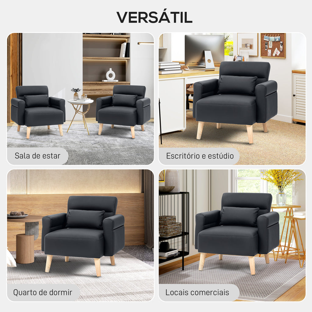 Poltrona Moderna Estofada em Couro Sintético com Apoios de Braço Acolchoados Encosto com Costuras e Pés em Madeira para Dormitório 77x78x78 cm Preto — foto 6