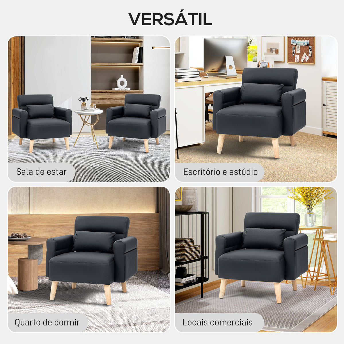 Poltrona Moderna Estofada em Couro Sintético com Apoios de Braço Acolchoados Encosto com Costuras e Pés em Madeira para Dormitório 77x78x78 cm Preto — foto 6