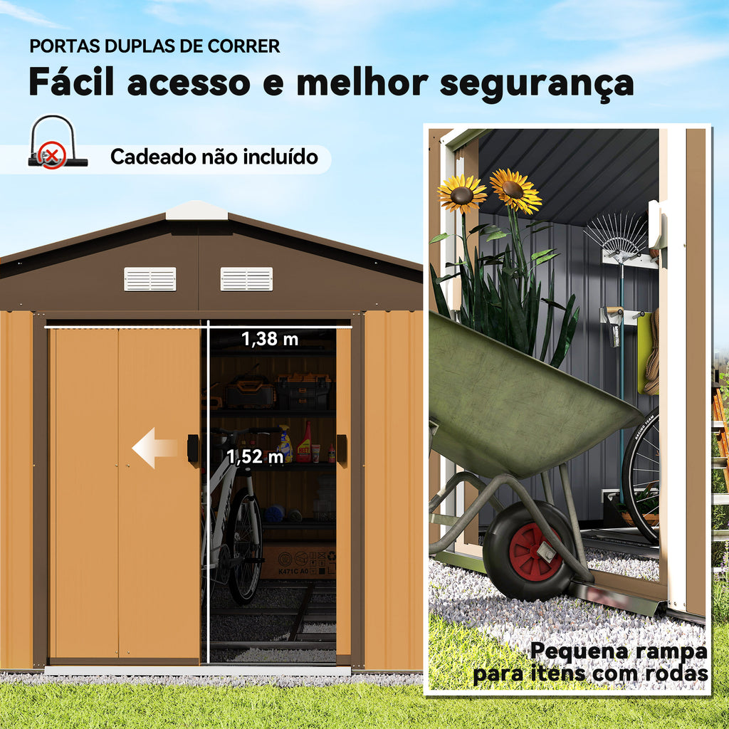 Abrigo de Jardim Metálico 340x386x200cm Abrigo de Exterior para Armazenamento de Ferramentas com Base de Reforço Incluida 4 Janelas de Ventilação e Porta Corredeira Marrom — foto 5