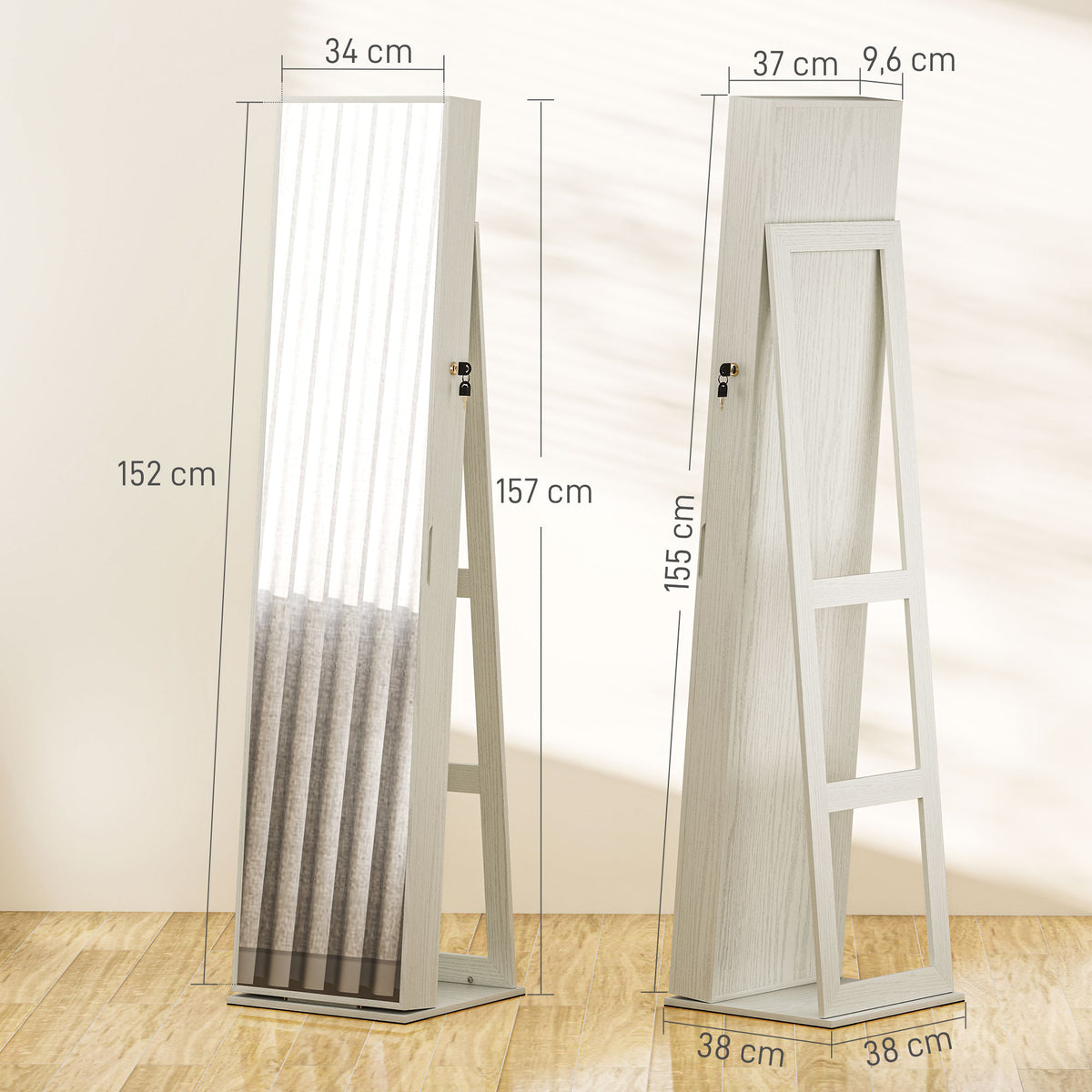 Joalheiro de Pé Armário para Joias com 6 Luzes LED Fechadura Organizador de Joias com Prateleiras Suportes para Anéis 38x38x157cm Branco e Bege — foto 3