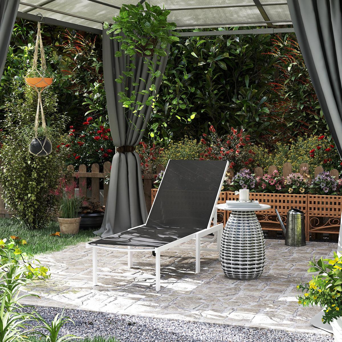 Espreguiçadeira Reclinável de Jardim com Rodas Espreguiçadeira de Exterior Encosto Ajustável em 5 Níveis e Estrutura de Aço Suporta até 120 kg para Pátio Varanda 166x60x84 cm Cinzento — foto 2