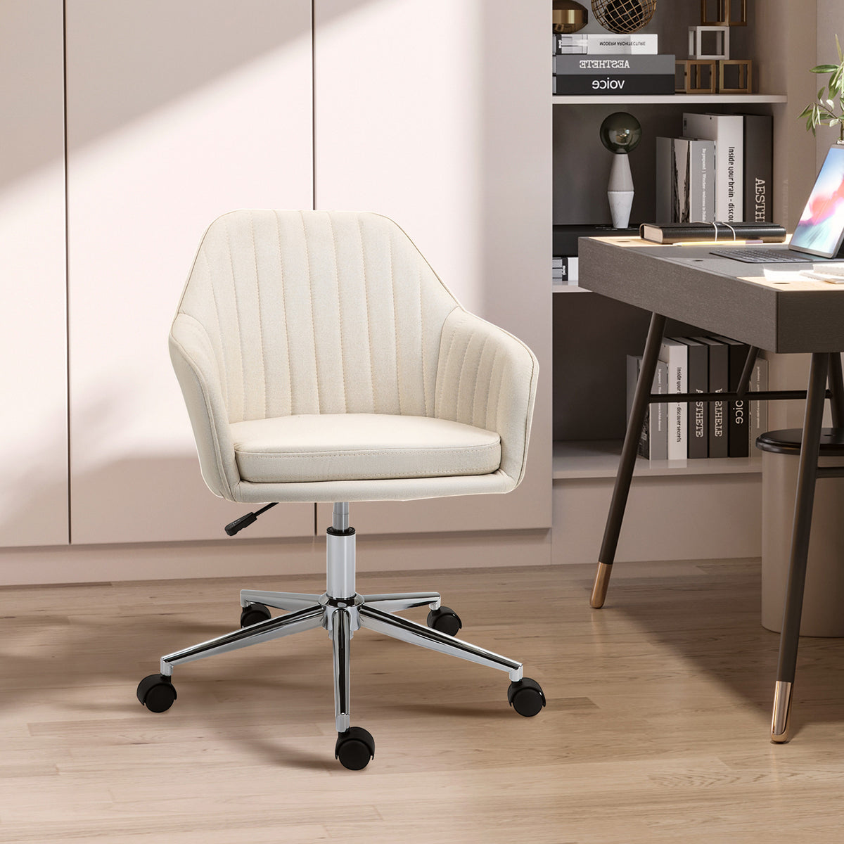 Cadeira de Escritório Cadeira de Secretária com Altura Regulável e Base Giratória para Escritório ou Estudo Suporta até 120 kg 61x59x86-96 cm Bege — foto 2